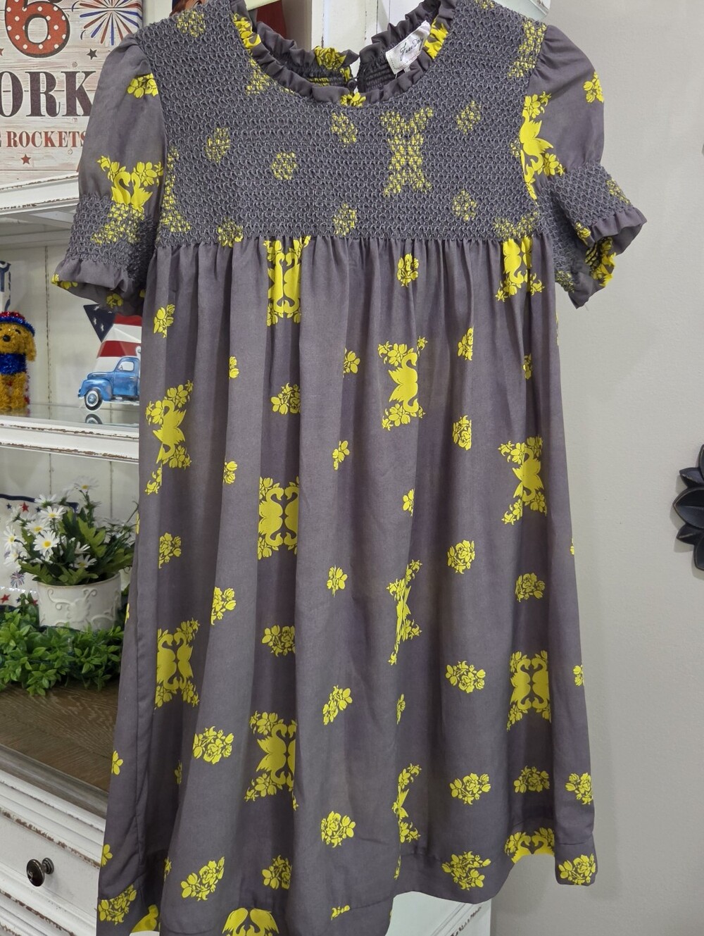 Floral Smocked Dress - Gray & Yellow